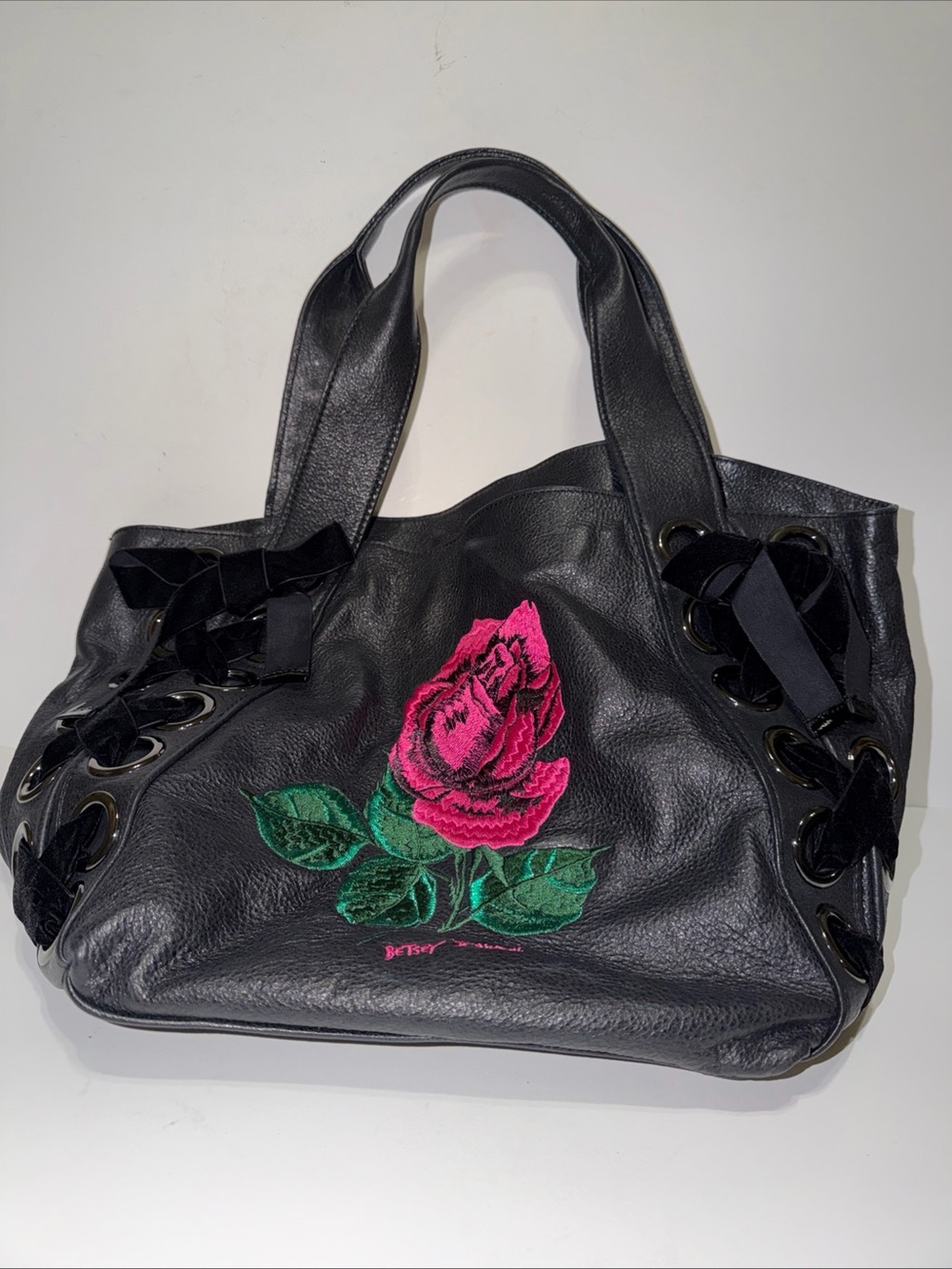 Betsy Johnson Betsyville Shoulder Bag ~ Rose Velvet Bow Black Genuine Leather